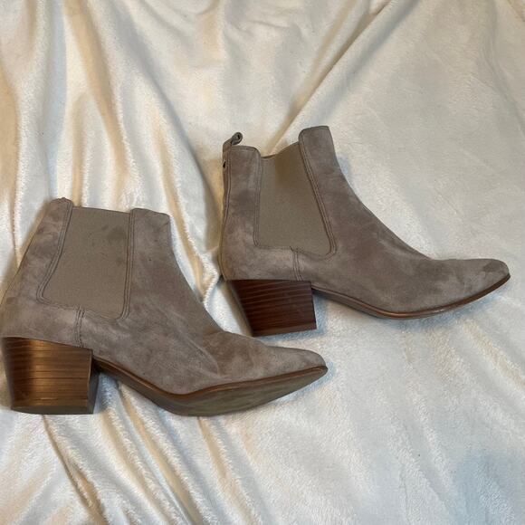 SAM EDELMAN Suede‎ Pointed Toe Booties Ankle Boots 8.5 Tan Grey Block Heel - Picture 1 of 4